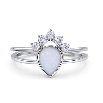 Bridal Set Two Piece Vintage Teardrop Lab White Opal Art Deco Wedding Engagement Ring 925 Sterling Silver